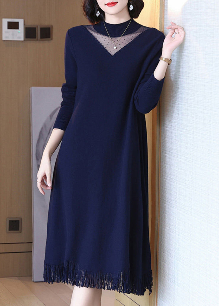 Elegant Navy O-Neck Tasseled Wool Knit Dress Long Sleeve