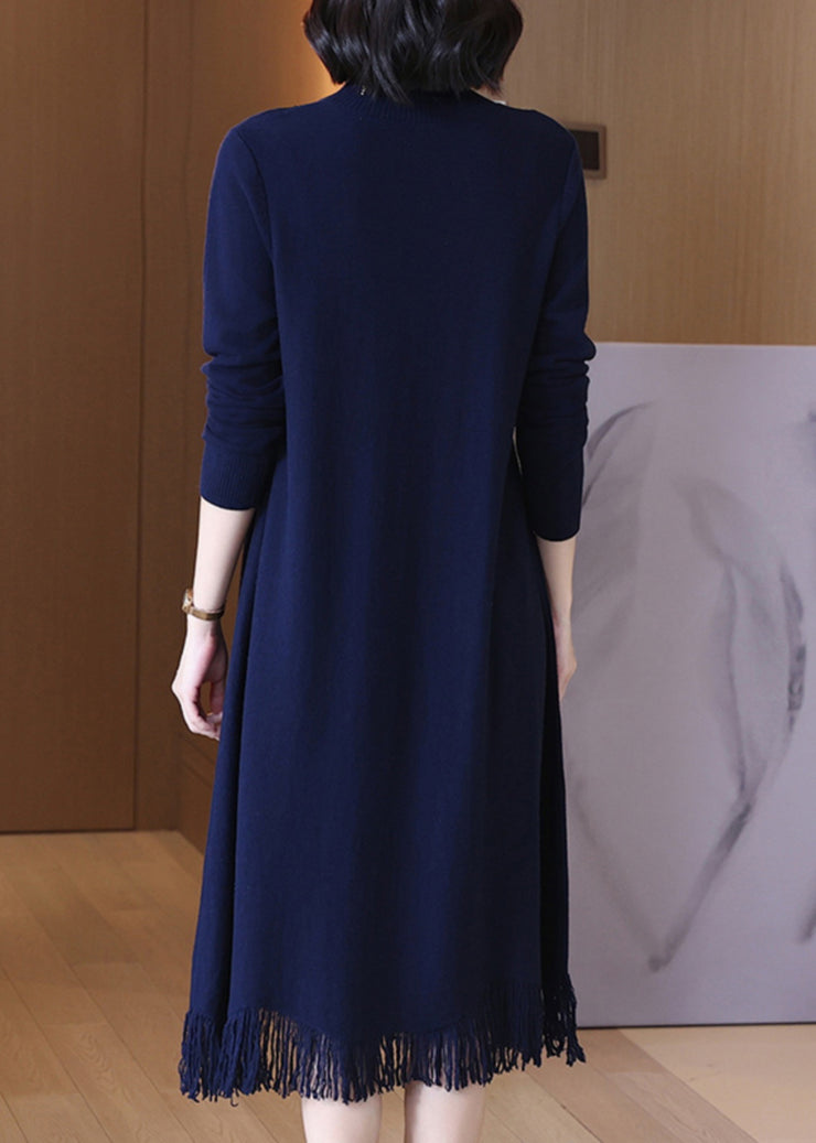 Elegant Navy O-Neck Tasseled Wool Knit Dress Long Sleeve