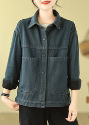 Elegant Navy Oversized Pockets Warm Fleece Denim Jacket Spring