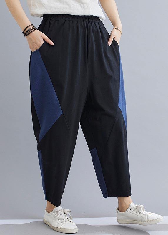 Elegant Navy Patchwork Elastic Waist Radish trousers Pants Summer Cotton Linen - bagstylebliss