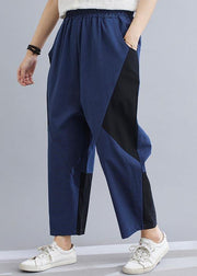 Elegant Navy Patchwork Elastic Waist Radish trousers Pants Summer Cotton Linen - bagstylebliss