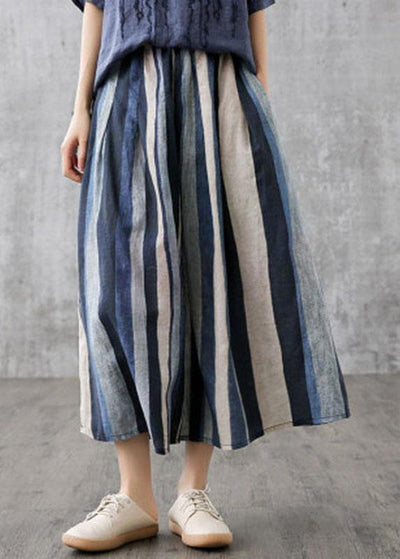 Elegant Navy Retro Striped A Line Summer Skirts Linen - bagstylebliss