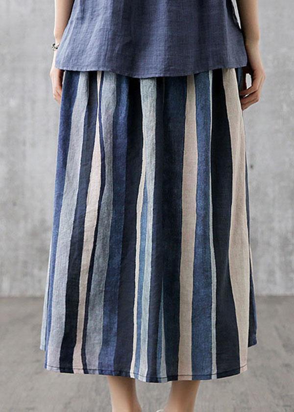 Elegant Navy Retro Striped A Line Summer Skirts Linen - bagstylebliss