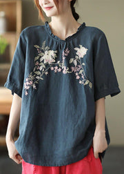 Elegant Navy Ruffled Embroideried Summer Linen Shirt - bagstylebliss