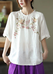 Elegant Navy Ruffled Embroideried Summer Linen Shirt - bagstylebliss