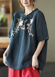 Elegant Navy Ruffled Embroideried Summer Linen Shirt - bagstylebliss