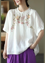 Elegant Navy Ruffled Embroideried Summer Linen Shirt - bagstylebliss