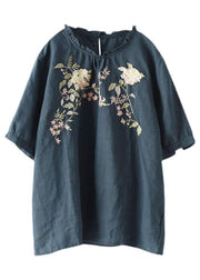 Elegant Navy Ruffled Embroideried Summer Linen Shirt - bagstylebliss