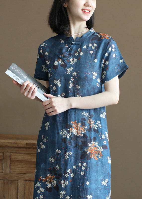 Elegant Navy Stand Collar Print Oriental Button Linen Chinese Style Dress Short Sleeve