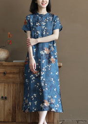 Elegant Navy Stand Collar Print Oriental Button Linen Chinese Style Dress Short Sleeve