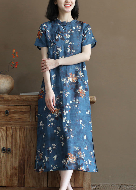 Elegantes Marine-Stehkragen-Print orientalisches Leinenkleid im chinesischen Stil mit kurzen Ärmeln