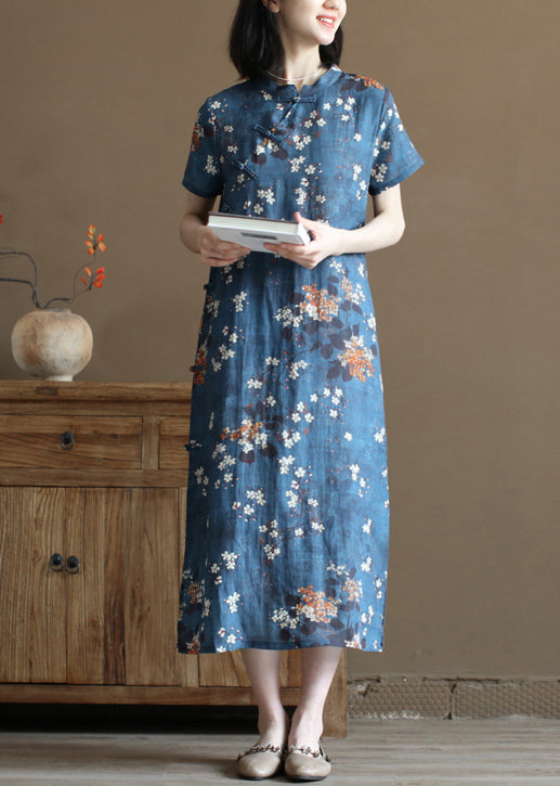 Elegant Navy Stand Collar Print Oriental Button Linen Chinese Style Dress Short Sleeve