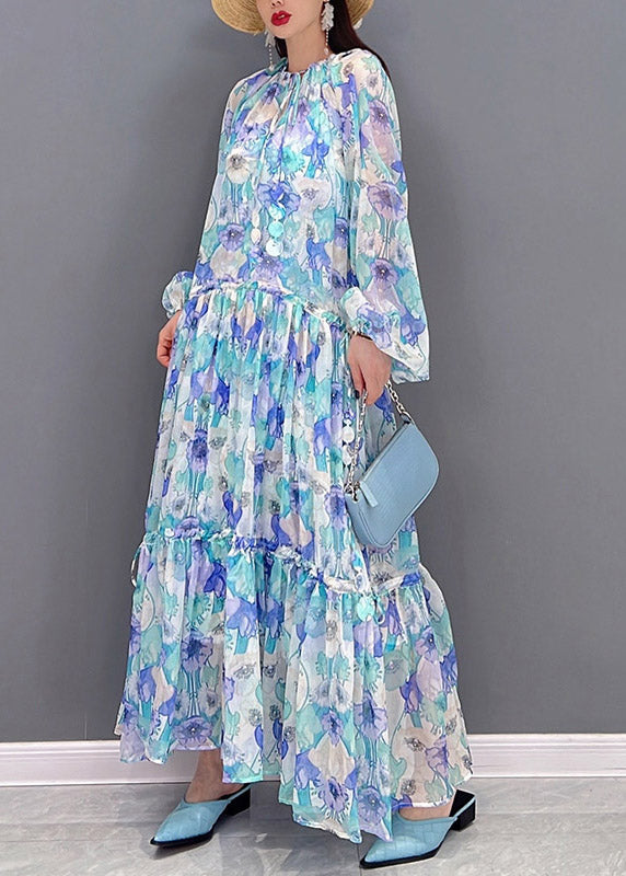 Elegant O-Neck Drawstring wrinkled Print Chiffon Long Dresses lantern sleeve