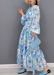 Elegant O-Neck Drawstring wrinkled Print Chiffon Long Dresses lantern sleeve