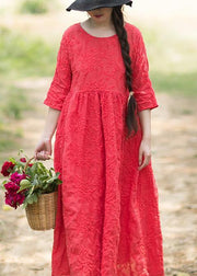 Elegant O Neck Half Sleeve Summer Outfit Neckline Red Embroidery Robes Dresses - bagstylebliss