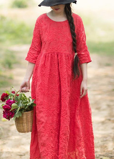Elegant O Neck Half Sleeve Summer Outfit Neckline Red Embroidery Robes Dresses - bagstylebliss