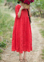 Elegant O Neck Half Sleeve Summer Outfit Neckline Red Embroidery Robes Dresses - bagstylebliss