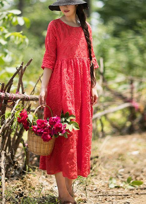 Elegant O Neck Half Sleeve Summer Outfit Neckline Red Embroidery Robes Dresses - bagstylebliss