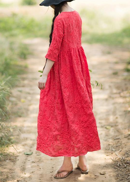 Elegant O Neck Half Sleeve Summer Outfit Neckline Red Embroidery Robes Dresses - bagstylebliss