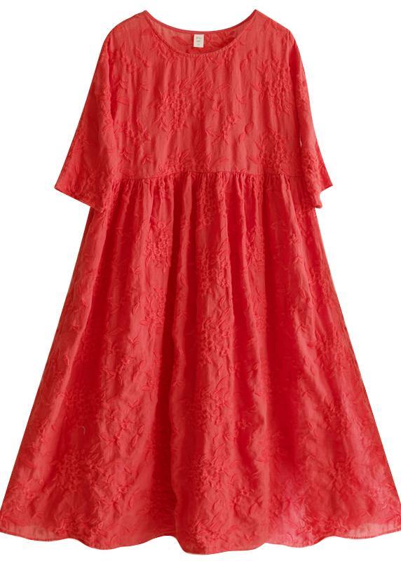 Elegant O Neck Half Sleeve Summer Outfit Neckline Red Embroidery Robes Dresses - bagstylebliss