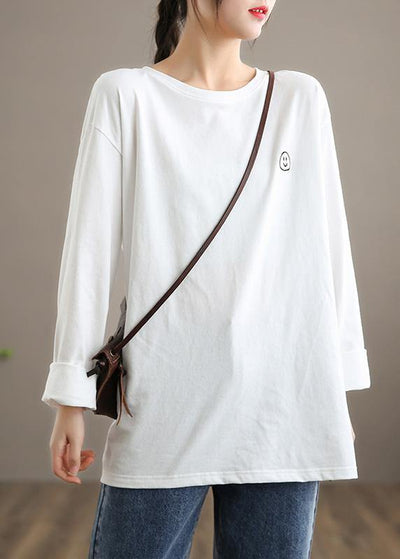 Elegant O Neck Linen Spring Blouse Fabrics White Smiling Face Blouse - bagstylebliss