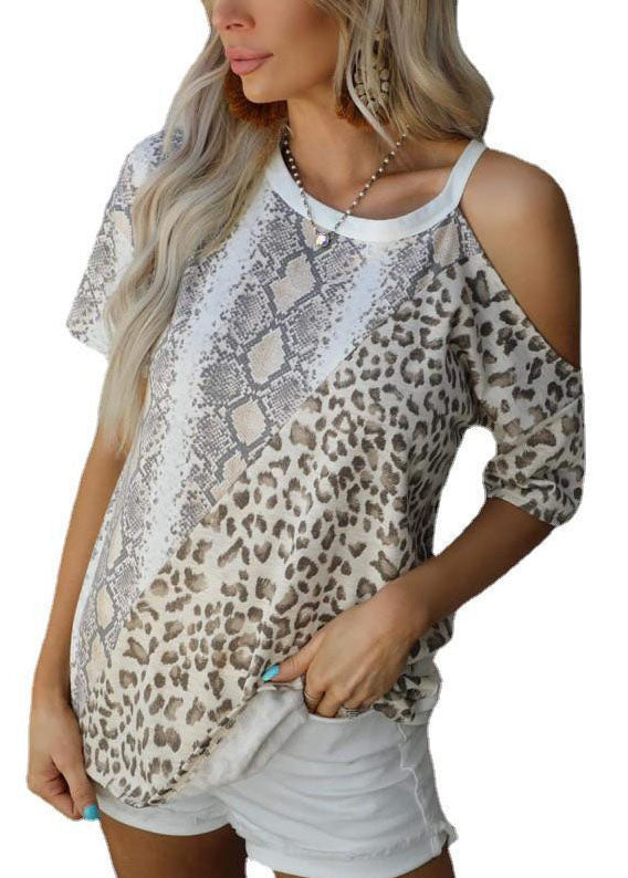 Elegant O-Neck One Shoulder Design Patchwork Leopard Serpentinec Print Top Short Sleeve