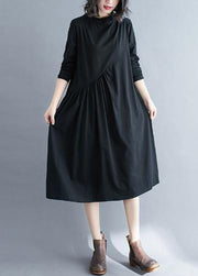 Elegant O Neck Wrinkled Spring Tunics Outfits Black Maxi Dress - bagstylebliss