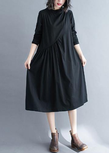 Elegant O Neck Wrinkled Spring Tunics Outfits Black Maxi Dress - bagstylebliss