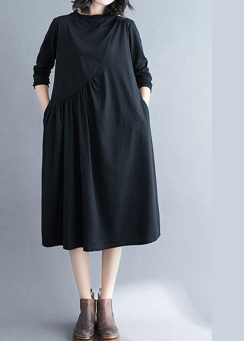 Elegant O Neck Wrinkled Spring Tunics Outfits Black Maxi Dress - bagstylebliss