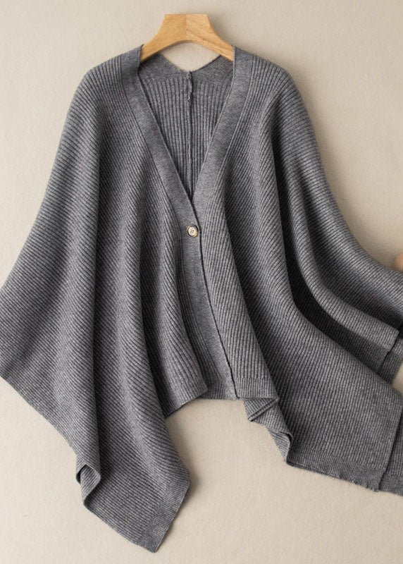 Elegant Oatmeal V Neck Button Cotton Knit Sweaters Cardigans Batwing Sleeve