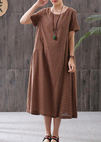 Elegant Omychic Stripe Loose Summer Cotton Short Sleeve Dress - bagstylebliss