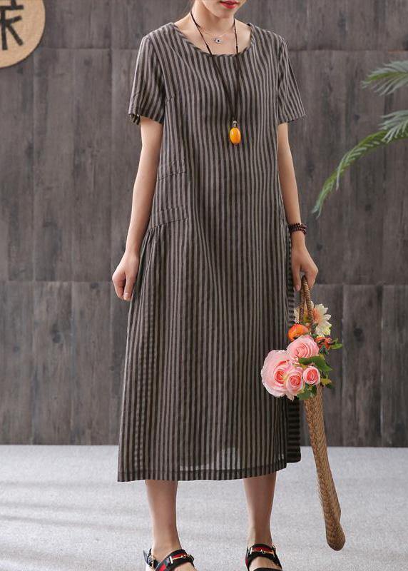 Elegant Omychic Stripe Loose Summer Cotton Short Sleeve Dress - bagstylebliss