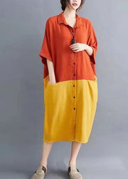 Elegant Orange Patchwork Yellow Peter Pan Collar Button Pockets Maxi Shirts Dress Summer