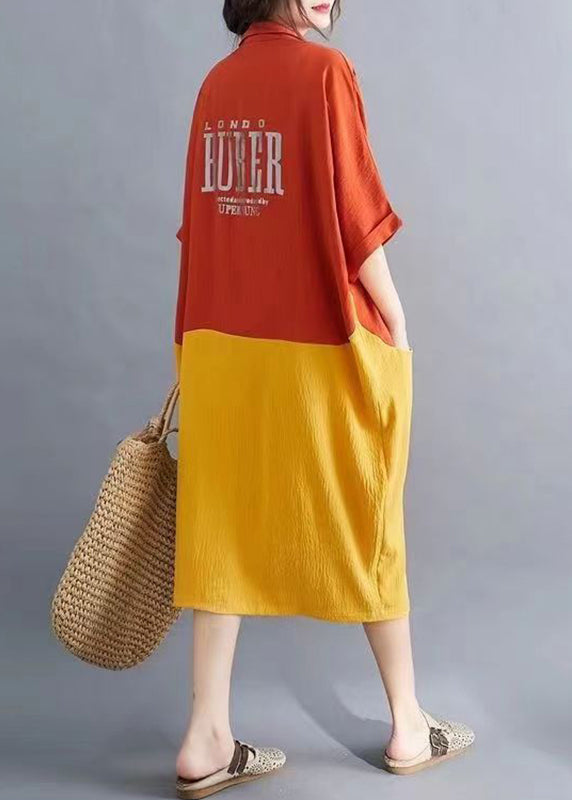 Elegant Orange Patchwork Yellow Peter Pan Collar Button Pockets Maxi Shirts Dress Summer