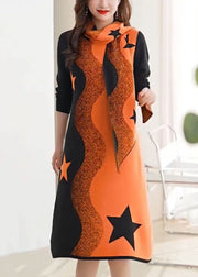 Elegant Orange Print Cozy Cotton Knit Two Piece Suit Long Sleeve