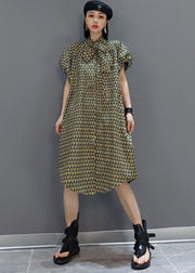 Elegant Original Stand Collar Print Cotton Shirt Dress Short Sleeve