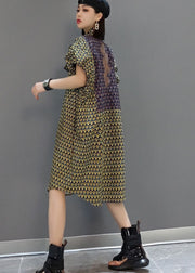 Elegant Original Stand Collar Print Cotton Shirt Dress Short Sleeve