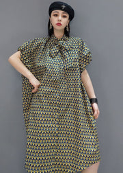 Elegant Original Stand Collar Print Cotton Shirt Dress Short Sleeve