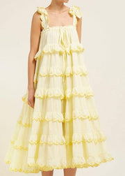 Elegant Patchwork Ruffles Yellow For Women Off Shoulder Sleeveless Oversized Dresses - bagstylebliss