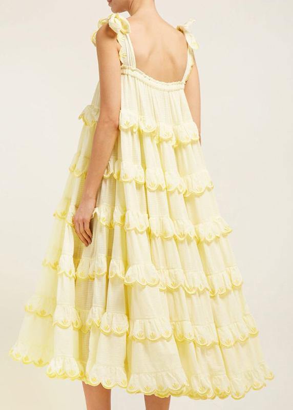 Elegant Patchwork Ruffles Yellow For Women Off Shoulder Sleeveless Oversized Dresses - bagstylebliss