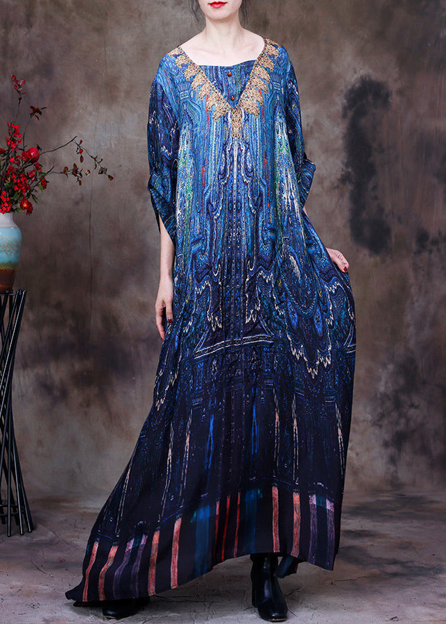 Elegant Peacock Blue V Neck Print Side Open Button Silk Long Dresses Summer