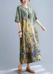 Elegant Peacock Green V Neck Print Side Open Dresses Short Sleeve