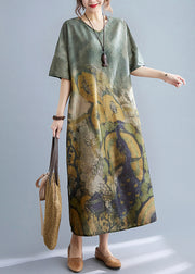 Elegant Peacock Green V Neck Print Side Open Dresses Short Sleeve