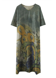 Elegant Peacock Green V Neck Print Side Open Dresses Short Sleeve