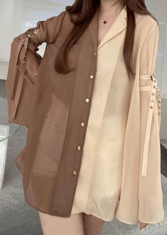 Elegant Peter Pan Collar Patchwork Button Chiffon Shirts Flare Sleeve