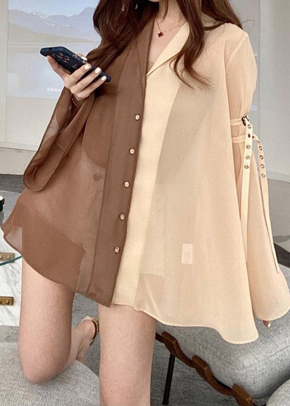 Elegant Peter Pan Collar Patchwork Button Chiffon Shirts Flare Sleeve