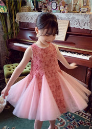 Elegant Pink Bow Nail Bead Patchwork Tulle Baby Girls Princess Dresses Sleeveless