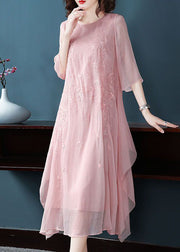 Elegant Pink Embroidered Exra Large Hem Chiffon Dress Summer