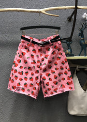 Elegant Pink High Waist Strawberry Print Patchwork Half Straight Pants