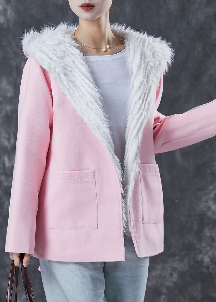 Elegant Pink Hooded Pockets Fuzzy Fox Lined Woolen Coat Winter